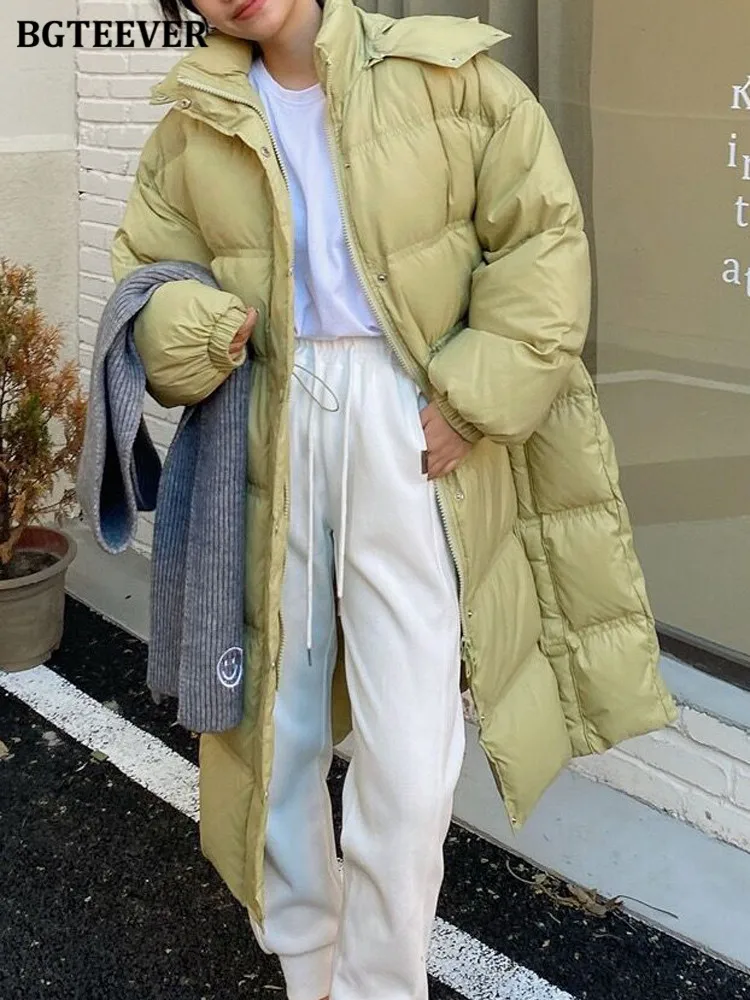 

Стильные Свободные женские пуховики BGTEEVER с капюшоном, зимнее плотное теплое пальто, женская однобортная длинная парка для женщин