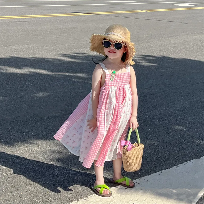 Платья для девочек новинка 2024 летняя детская одежда в корейском стиле клетчатая