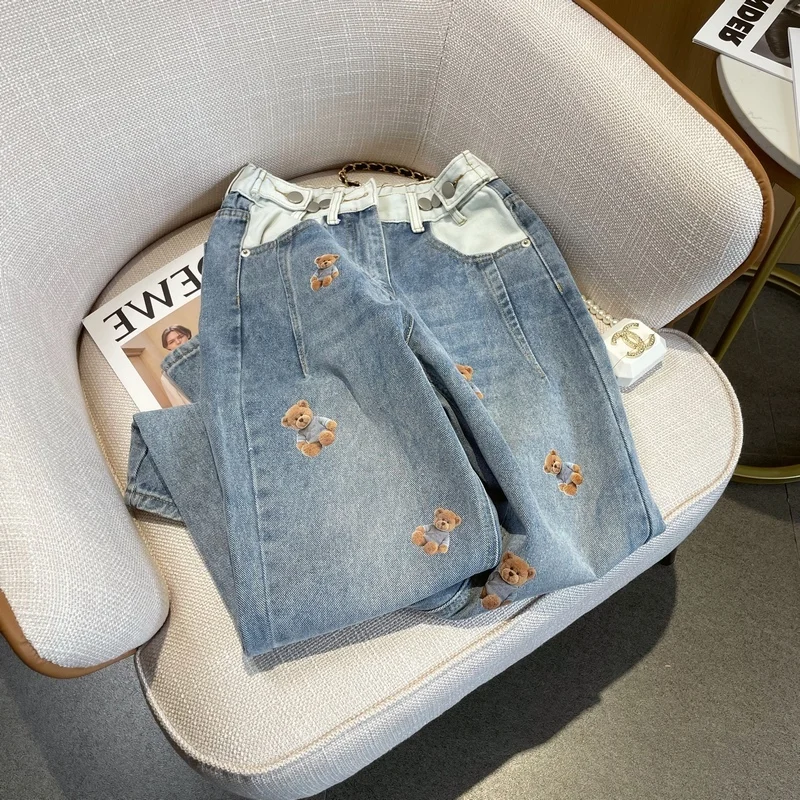 

Новые летние джинсы, шикарные повседневные винтажные потертые джинсовые брюки в стиле преппи в стиле Харадзюку С мультяшным принтом медвед...