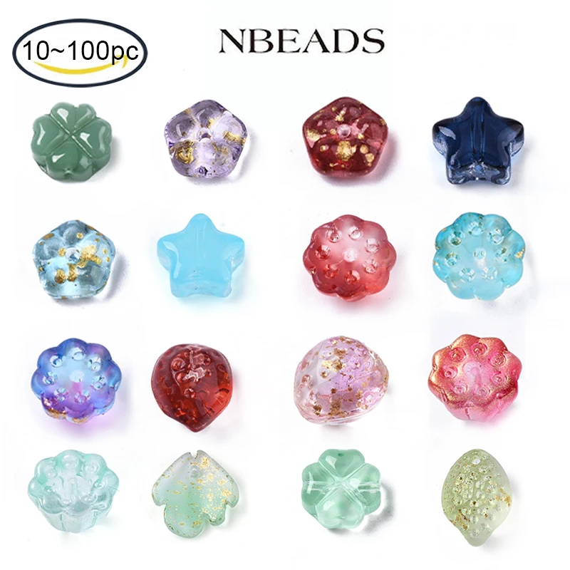 NBEADS 10-100PCS Spray Painted Glass Beads Imitation Jade Clover Hole:0.8-1.4mm