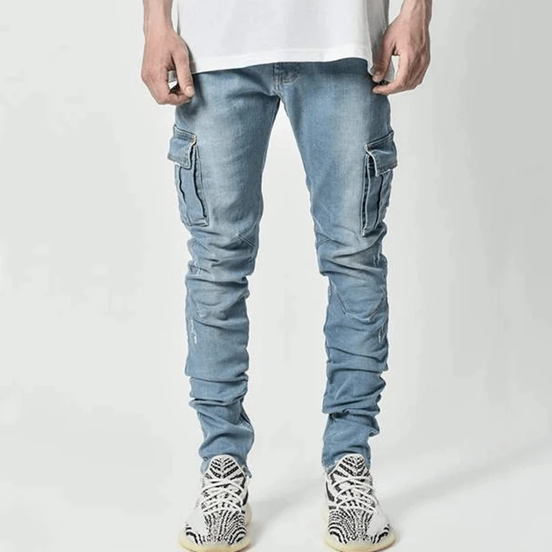 Jeans Men Pants Casual Denim Trousers Multi Pocket Cargo Pant Male Black Blue Jeans Pants Pencil Spring Summer New Streetwear