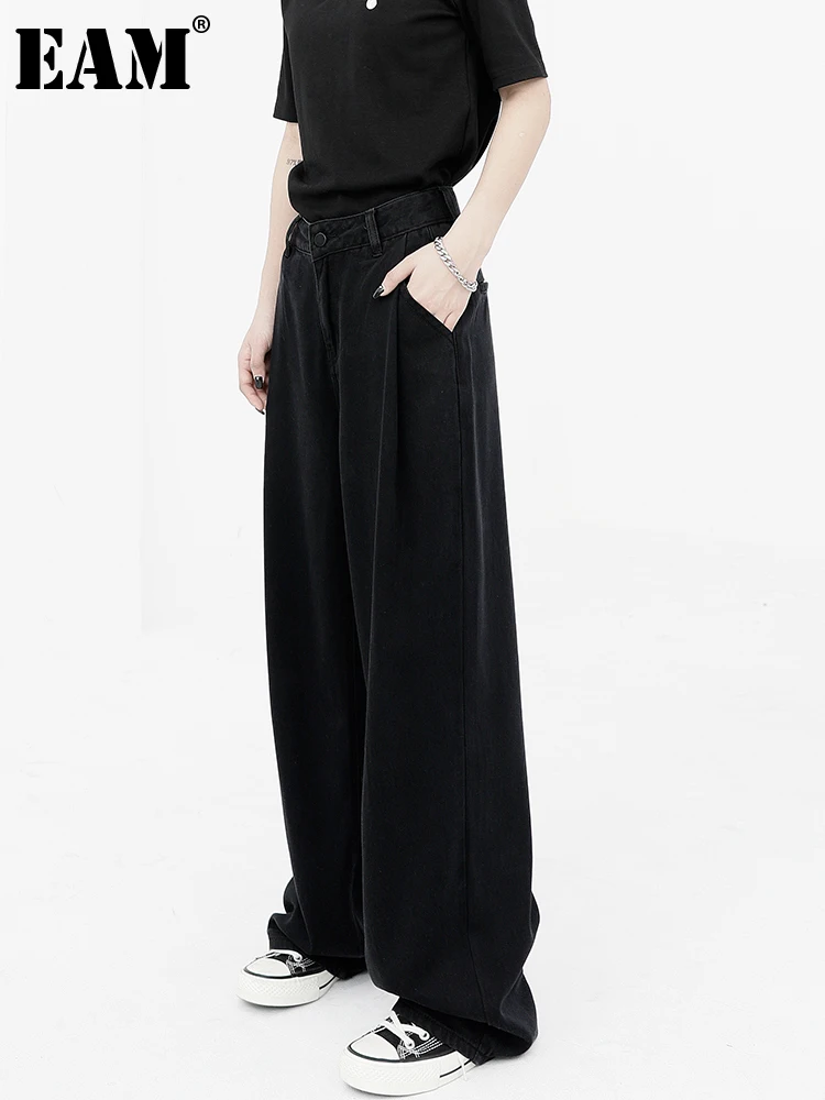 

[EAM] High Waist Black Brief Long Wide Leg Casual Trousers New Loose Fit Pants Women Fashion Tide Spring Autumn 2022 1DE7308
