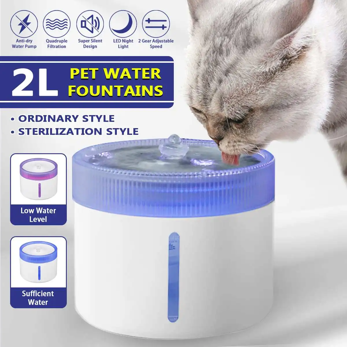 

Pet Cat Water Automatic Fountain Dispenser LED 2L Ultra Quiet UV Sterilization Dog Drinking Bowl Drinker Pet Drinking Feeder