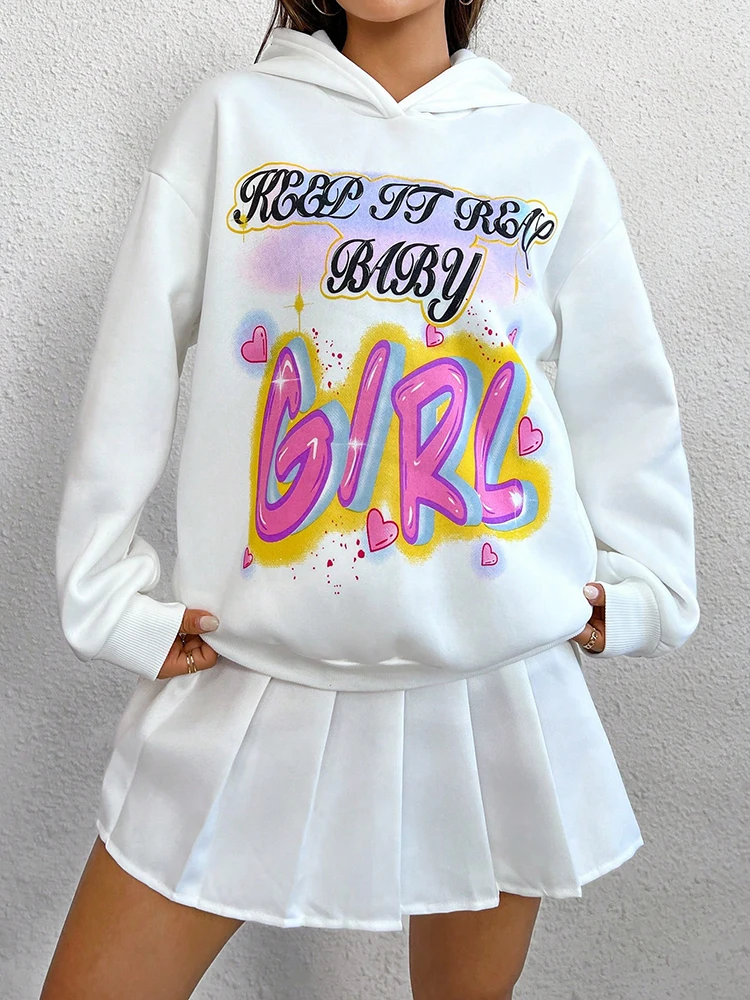

Sweet Women Hoodie Keep Going Real Baby Girl Letter Printed Cotton Sweatshirts Long Sleeves Pocket Tops Trend Casual Clothes
