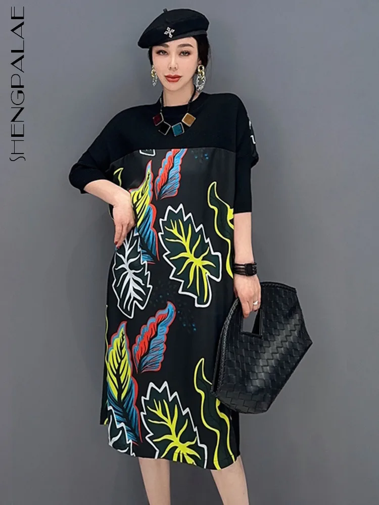 

SHENGPALAE Printting Patchwork Dress For Women Vintage Elegant Chic Short Sleeve Vestido Y2k Clothes A-line 2023 Spring 5R1370