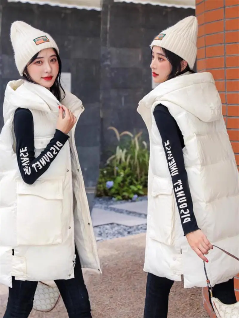Глянцевая съемная шапка средней длины хлопковый пуховый жилет женское пальто