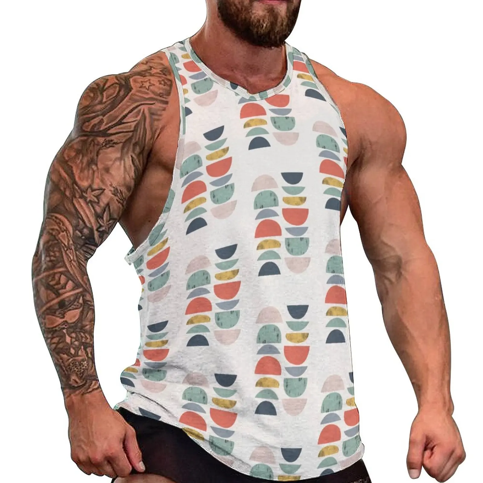 

Nordic Pattern Tank Top Mens Retro Mid Century Gym Oversized Tops Summer Trendy Design Sleeveless Vests