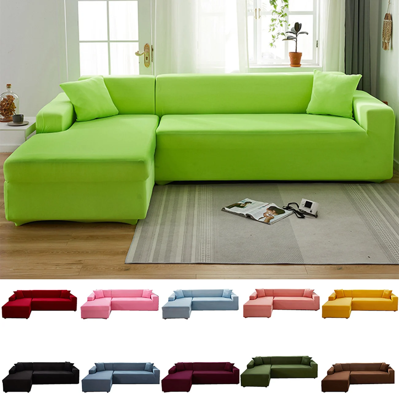 

Fluorescent Green Sofa Cover for Living Room Furniture Upholstery L Shape 1 2 3 Seater Solid Color Elastic Chair Couch Cover