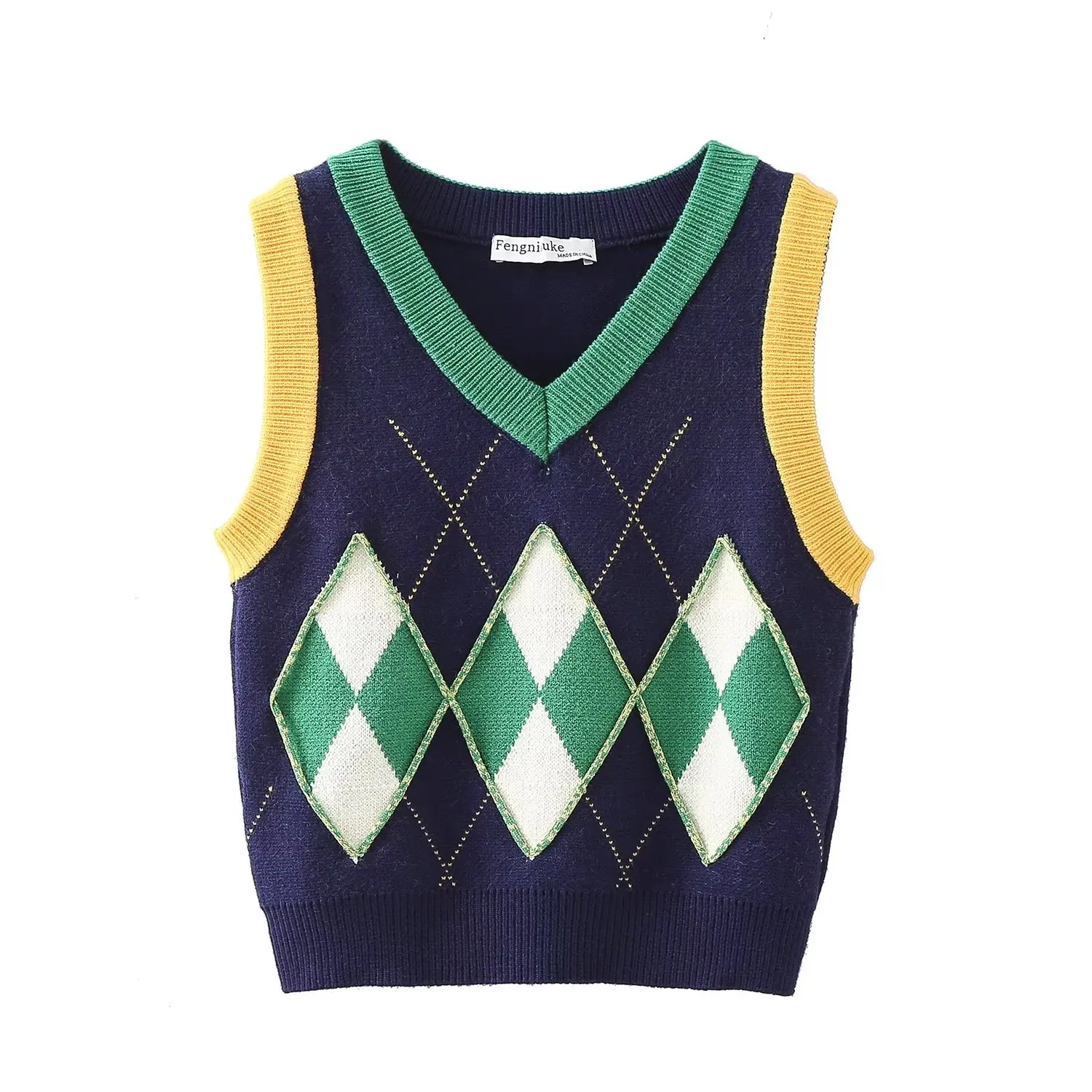 

23 Autumn New Women's Retro Style Contrast Diamond Checker Layered Slim Knitted Vest