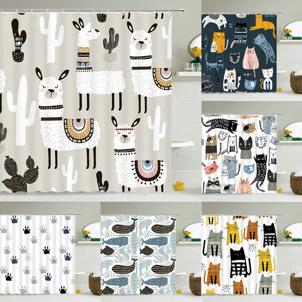 Забавная душевая занавеска с принтом кошки для ванной милыми мультяшными