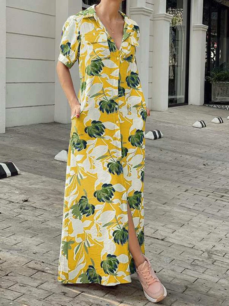 

2022 Summer Women's New Style Lapel Bubble Sleeve Dress Button Casual Printed Shirt Skirt Fashion Holiday Women's Wear Dresses