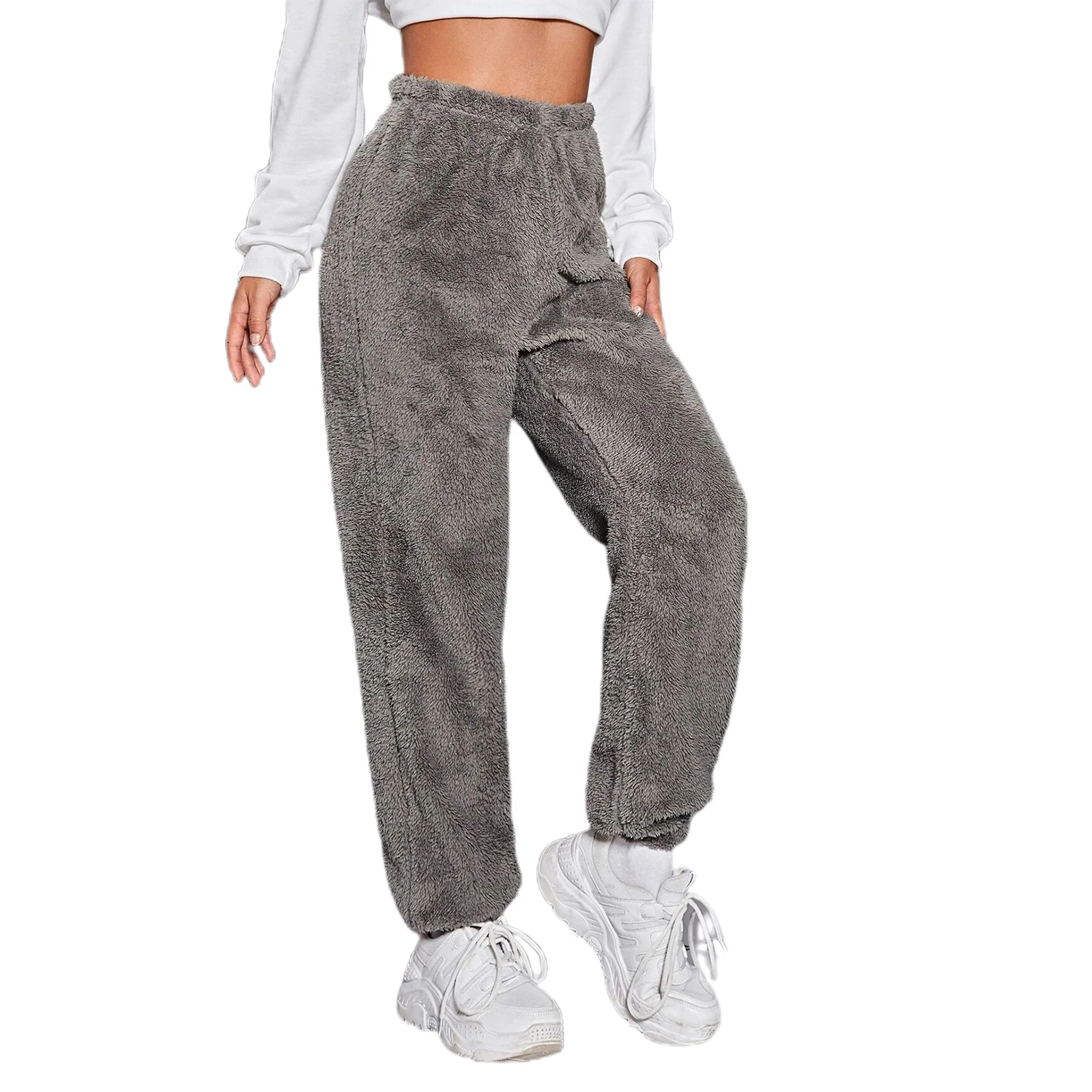 

Women Casual Furry Plush Sweatpants Joggers Trousers Plus Size Solid Lace-up Soft Warm Home Pants For Female Fleece Pants