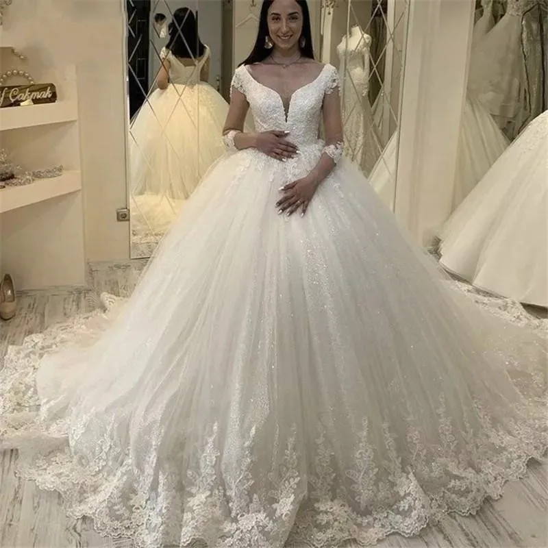 

Elegant Puffy Weddding Dresse V-neck Half Sleeve Tulle Lace Appliques 2022 Fashion Formal Bridal Gowns Vestidos Noiva