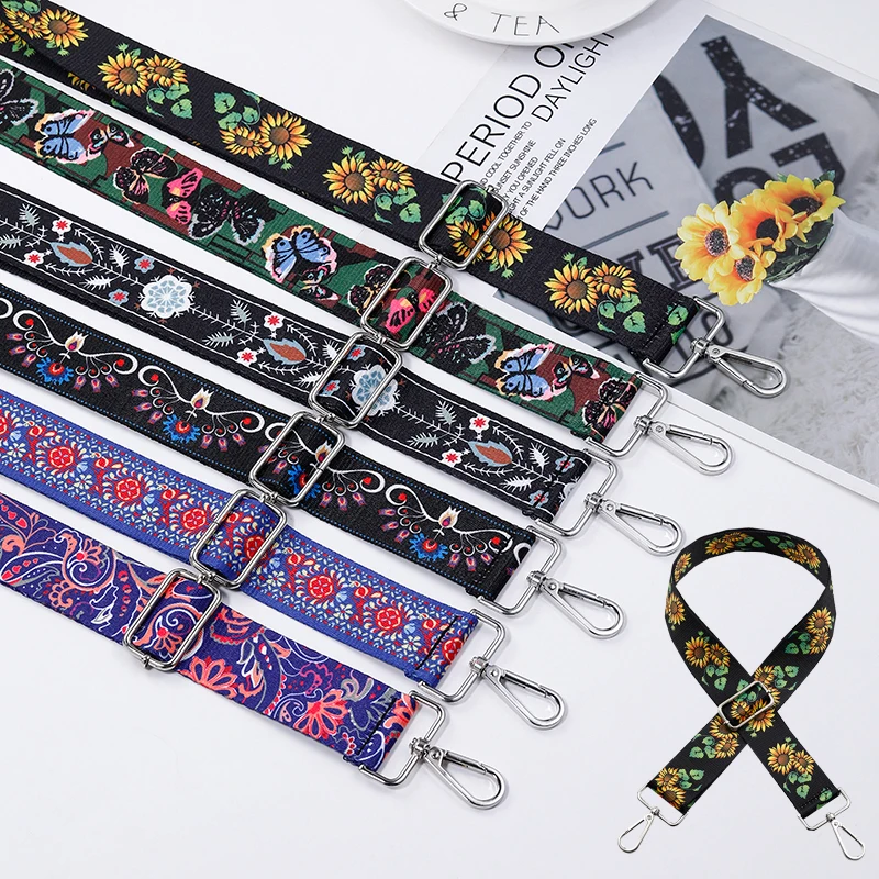 

3.8cm Wide Bag Belt Adjustable Crossbody Strap Printing Handbag Chain Belt Ethnic Style Bag Strap Replace DIY Bag Accessories