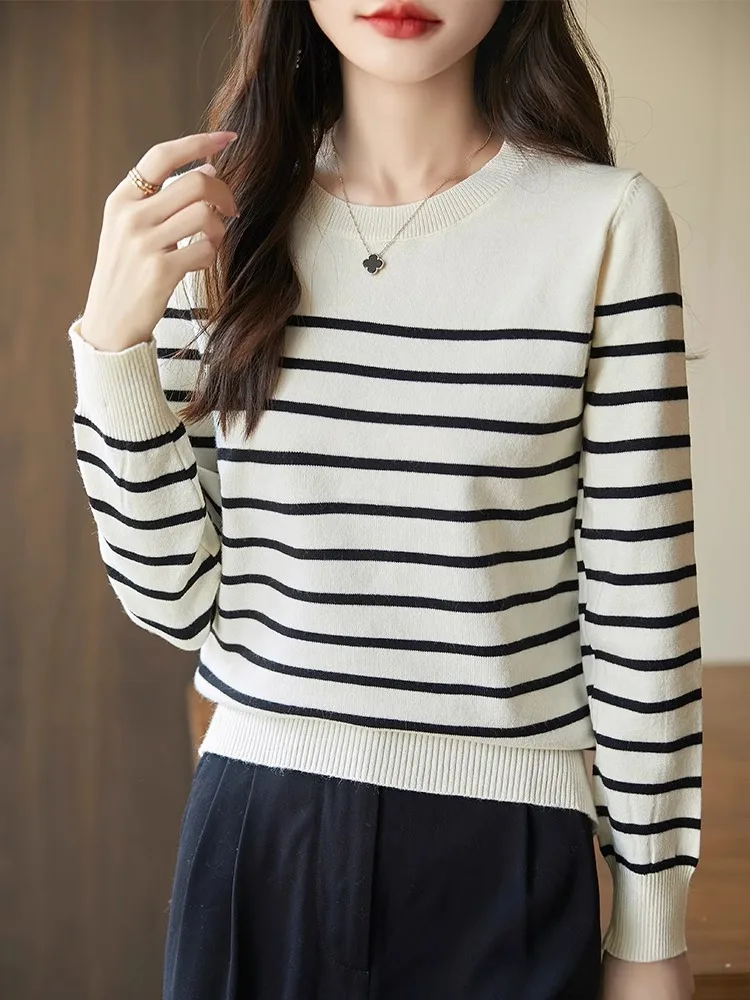 Полосатая вязаная нижняя рубашка для женщин новинка 2024 осенняя внутренняя