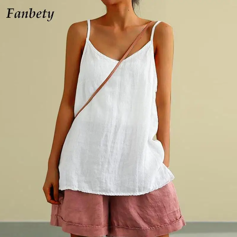 

Fashion Solid Off Shoulder Sleeveless Loose Tank Shirt Women Casual Cotton Linen Vest Pullover Tops Ladies Vintage Suspenders