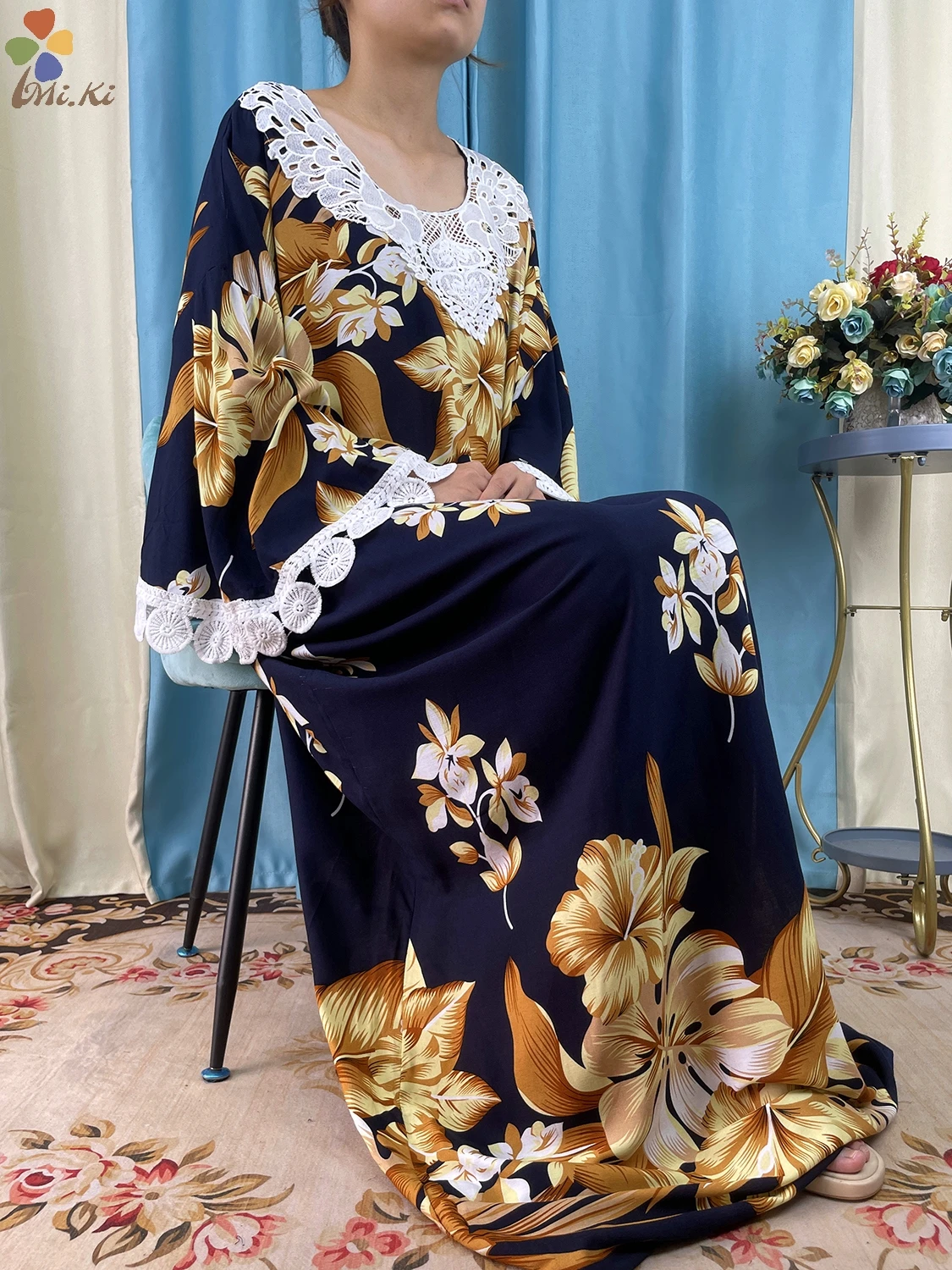 New African Women Tassel Sleeve Floral Printed Cotton Loose Femme Robe African Tradition Woman Dresses Paired witha Large Scarf
