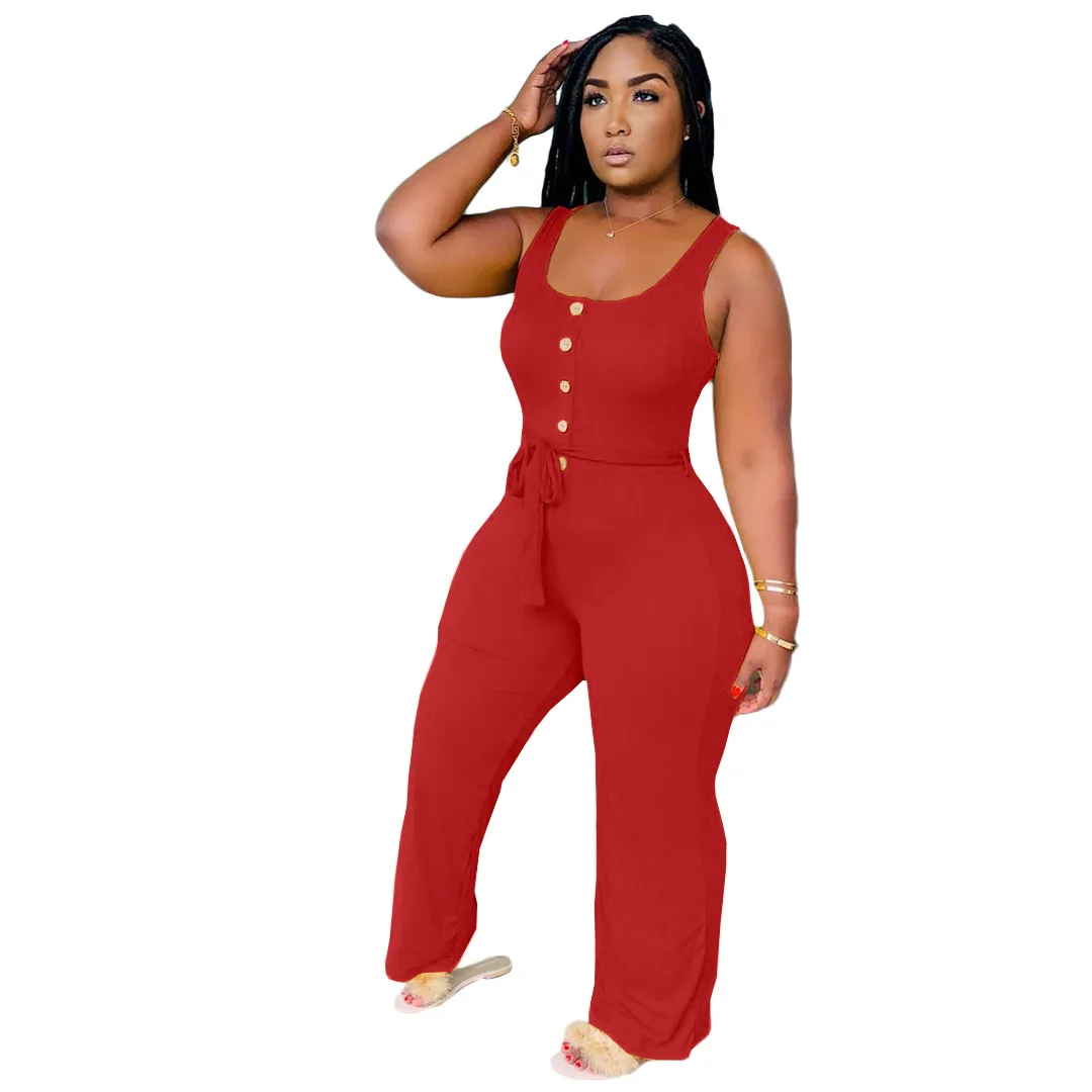 HM6330 Women's Jumpsuit Summer Streetwear Fashion Solid Color Sleeveless Square Neck Stitched Wide Leg Jumpsuit Women