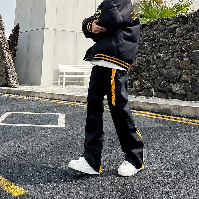 Мужские свободные прямые длинные брюки жареные уличные джинсы с вышивкой