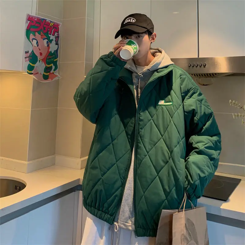 Autumn and Winter New Solid Color Simple Coat Thickened Warm Diamond Korean Version Trend Fashion Casual Cotton Coat