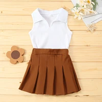 2022 new girls solid color sleeveless lapel open chest and pleated skirt suit two piece suit