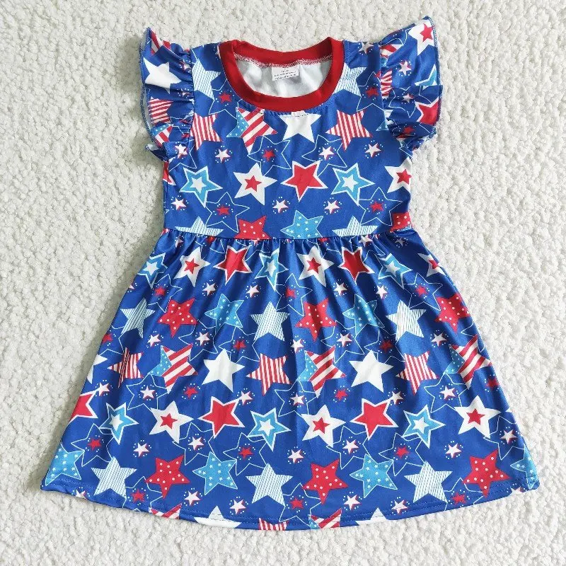 

July 4th Summer Kids Fashion New Twirl Dress Wholesale Tank Baby Girl Short Sleeve Stars Blue Clothing Children Toddler Clothes