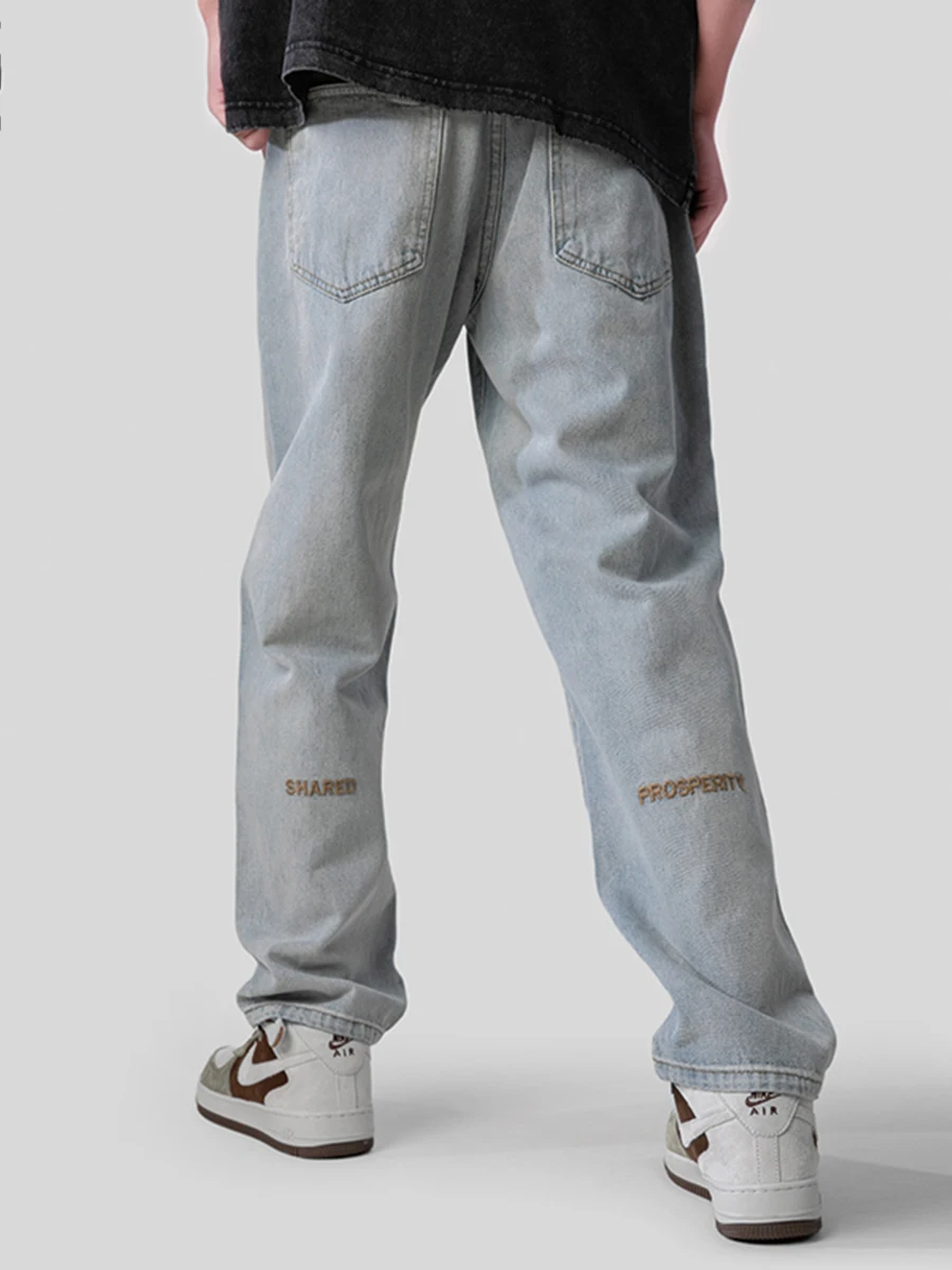 Four Seasons Monogrammed Embroidered Retro Color Straight Leg Jeans for Men and Women Straight Leg Pants Fashion Streetwear MEN