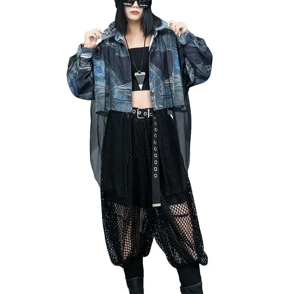 Женский костюм из двух предметов Джинсовая Лоскутная куртка с длинным рукавом и