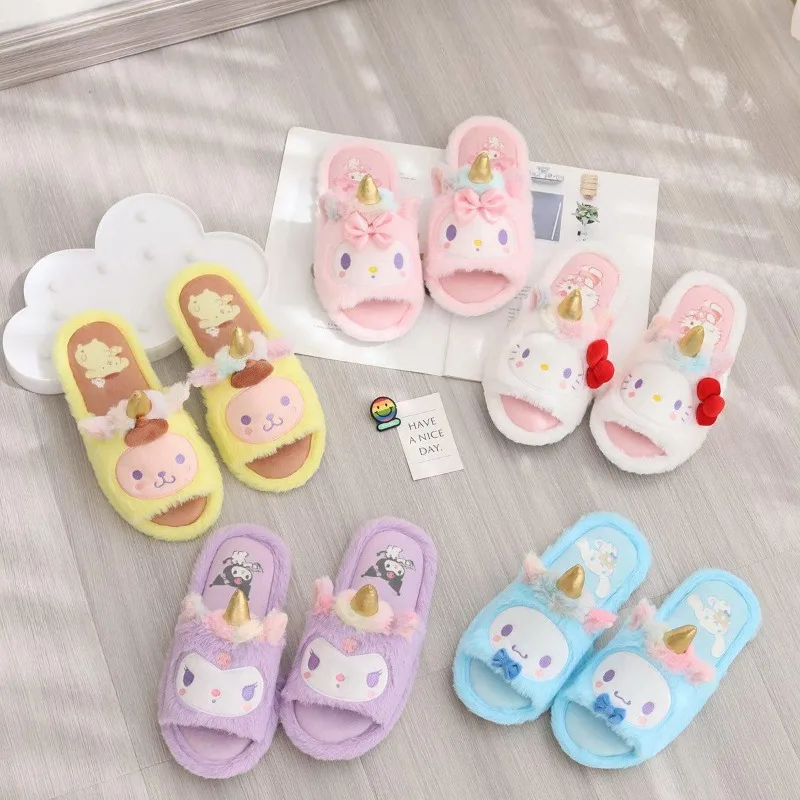 

Kawaii Sanrio HelloKitty Cotton Slippers Cute Cartoon Anime Kuromi Cinnamoroll Ladies Plush Breathable Household Cotton Slippers