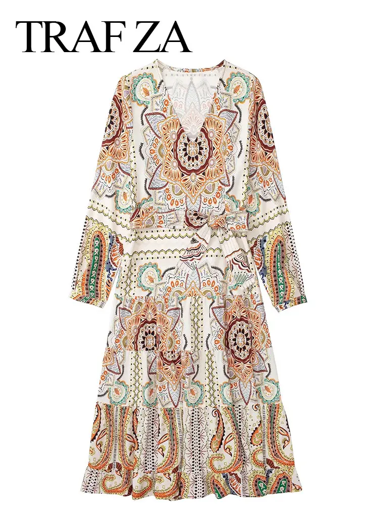 

TRAF ZA Vintage Fashion Women's Long Dress Printed Elegant V-Neck Slim Fit Belt Bow Ruffled Large Swing Skirt Ethnic Style Dress