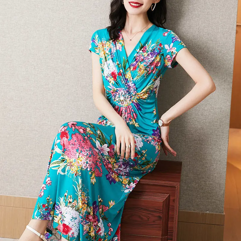 

Lady printed blossom dress 2022 summer new elegant temperament cover belly waist slim short sleeve A word skirt dress tops