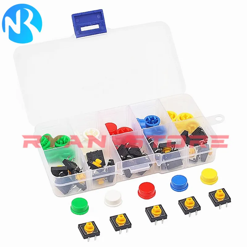

Тактильный кнопочный переключатель, 25 шт./комплект, мгновенный 12*12*7.3 мини-выключатель комплект, тактовая крышка (5 цветов) 12x12x DIP 4 контакта