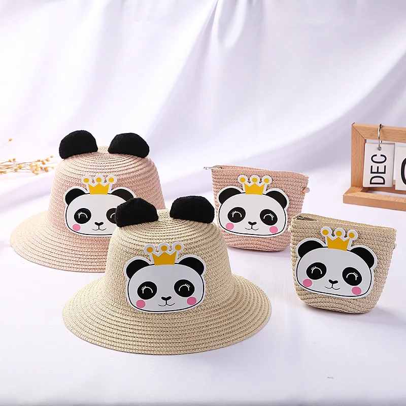Cute Cartoon Panda Children Sun Hat Summer Straw Woven Baby Girls Accessories Shoulder Bags Boys Kids Beach Coin Purse Handbags