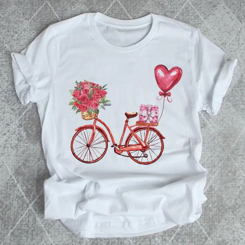 

Women Shirt Print Bike Flower Summer T-shirts Female Graphic T Top Short Sleeve Love Valentine's Day Fashion Cartoon Tee T-Shirt