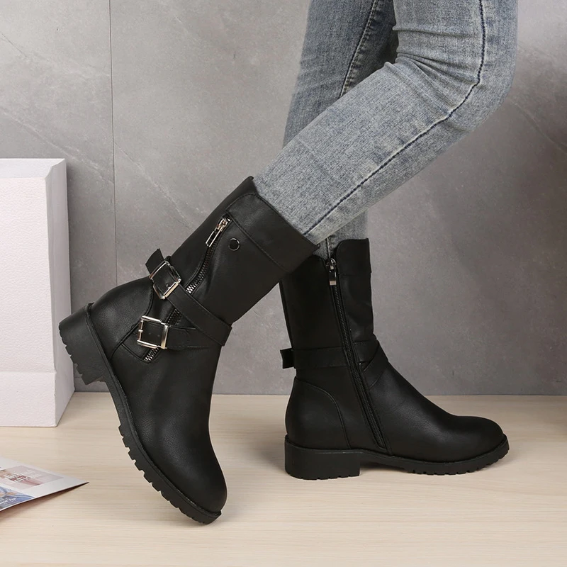 

2022 Mid-Calf Boots Women Vintage Martin Belt Buckle Shoes Female Low Square Heel Zipper PU Autumn Soild Casual Bota Feminina