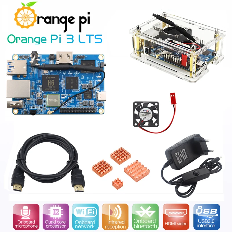 Комплект платы Orange Pi 3 LTS 2 Гб LPDDR3 8 ГБ EMMC Flash WIFI BT5.0 открытая плата 5 в А источник