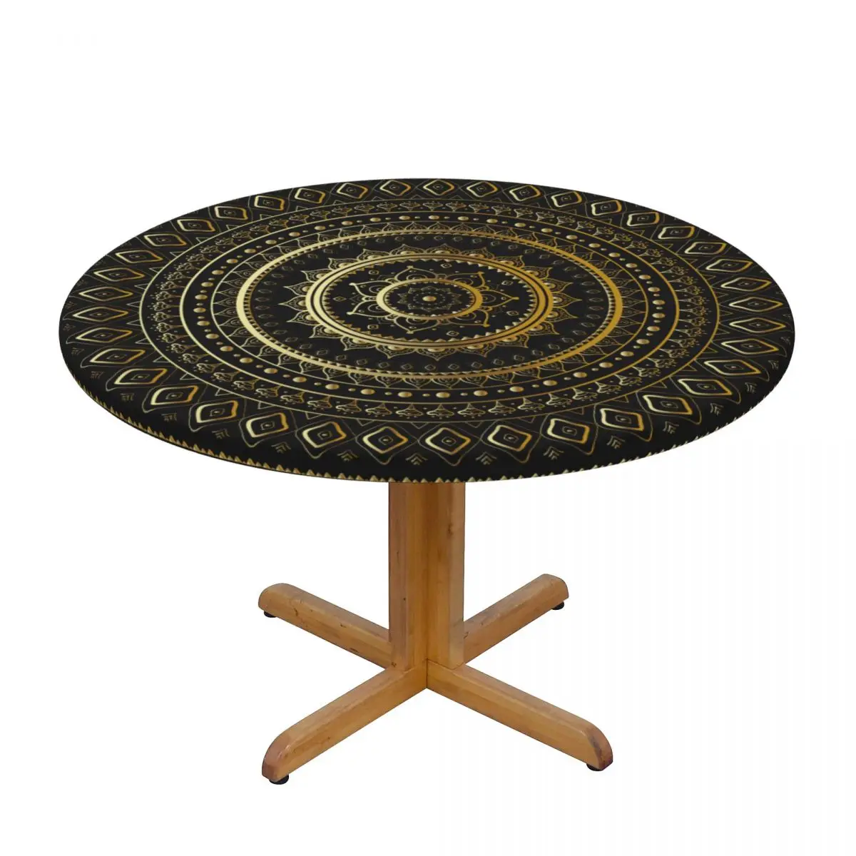 

Gold Mandala Ethnic Vintage Pattern Waterproof Polyester Round Tablecloth Catering Fitted Table Cover with Elastic Edged