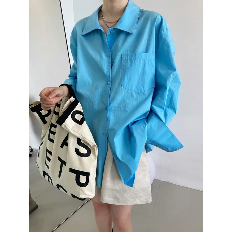 

Женская свободная рубашка в стиле бойфренда, голубая Элегантная футболка большого размера для офиса, 2021