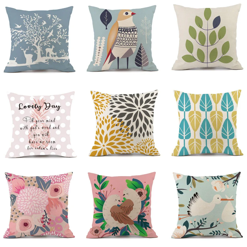 

European Style Cotton Linen Pillowcase Flower Plant Pattern Living Room Sofa Office Fashion Cushion Cover Decoration Car Gift