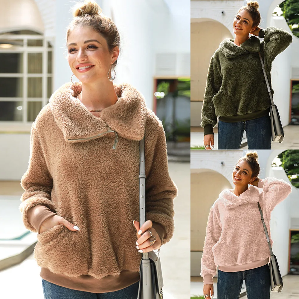 

Autumn and Winter Women's New Solid Lamb Fleece Loose Relaxed Long Sleeve Women's Sweater Top