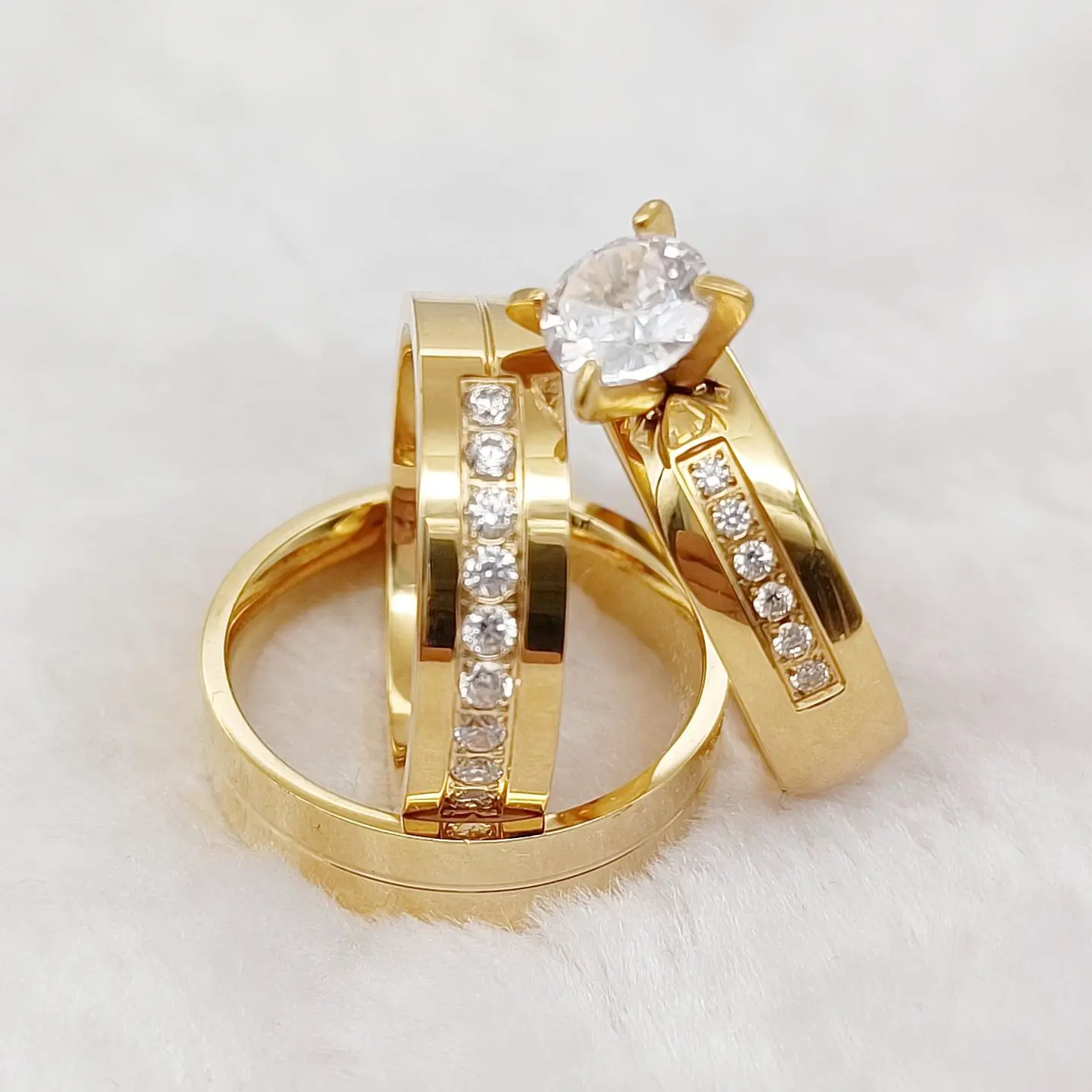 

Western Designer cz Diamond Lover's 24k Gold Plated Wedding Engagement Couples Ring Sets for Men and Women Stainless Steel Ring