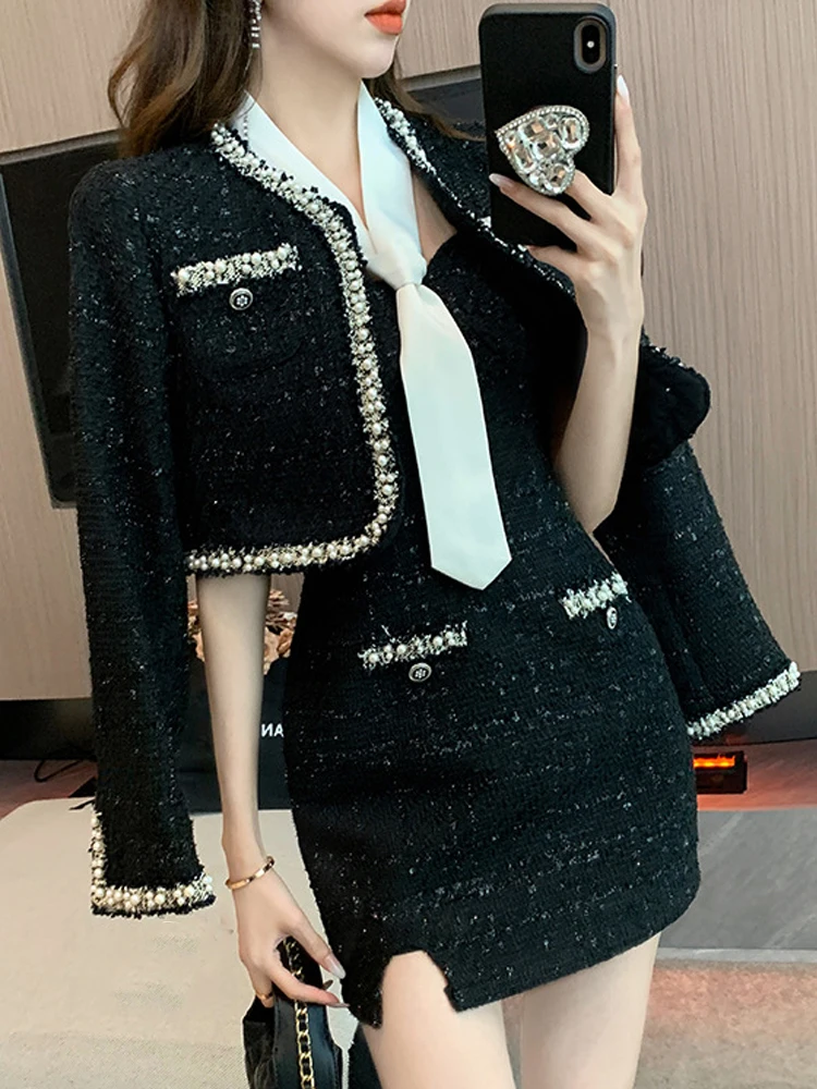 Модный винтажный черный твид комплект из 2 предметов женская одежда пальто топы