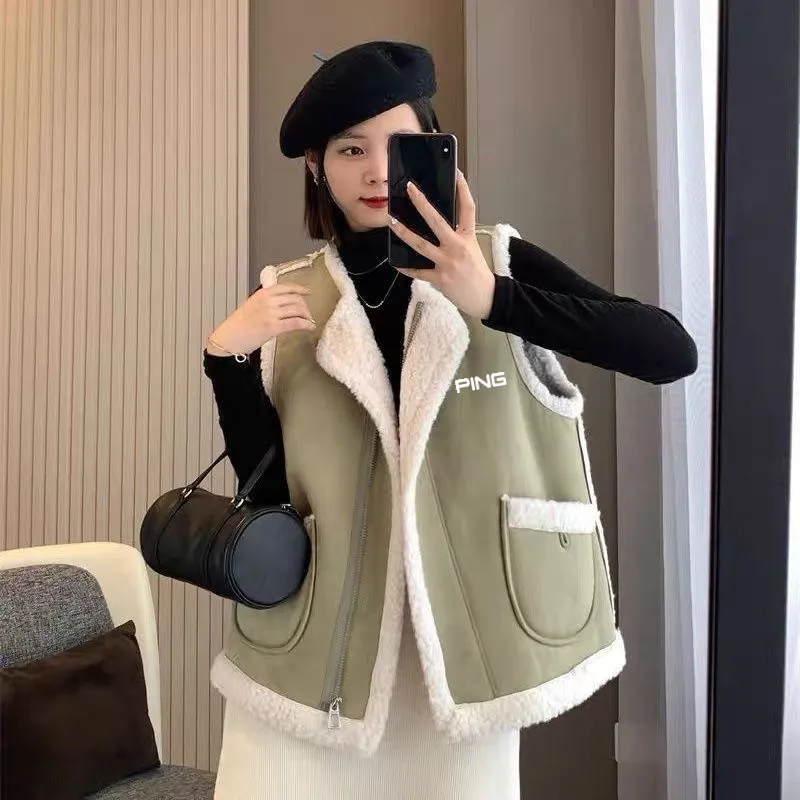 

바람막이 Golf Vest Winter Lamb Wool New Jacket Women's Golf Wear 2023 Golf Women's Clothing 헤지스 High Quality Fur Integrated 명품골프웨어여성
