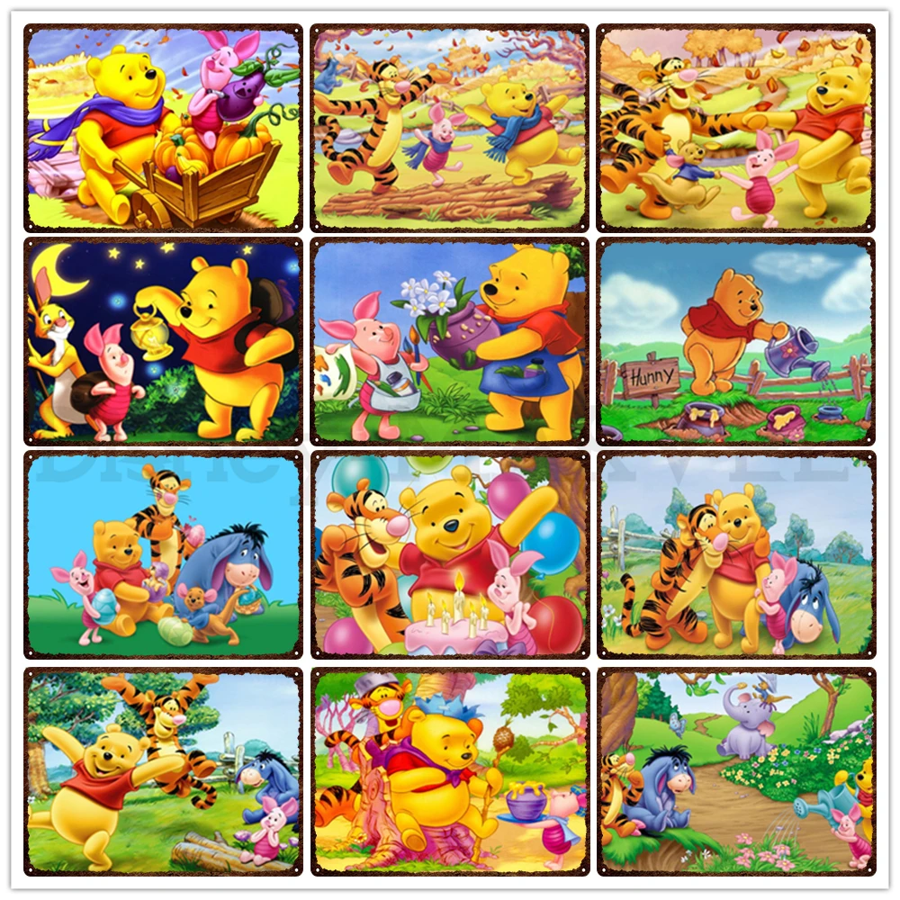 

Disney Tin Sign Winnie The Pooh Cartoon Animal Tiger Donkey Print Metal Poster Plates Nursery Kids Room Decor Metal Plaques