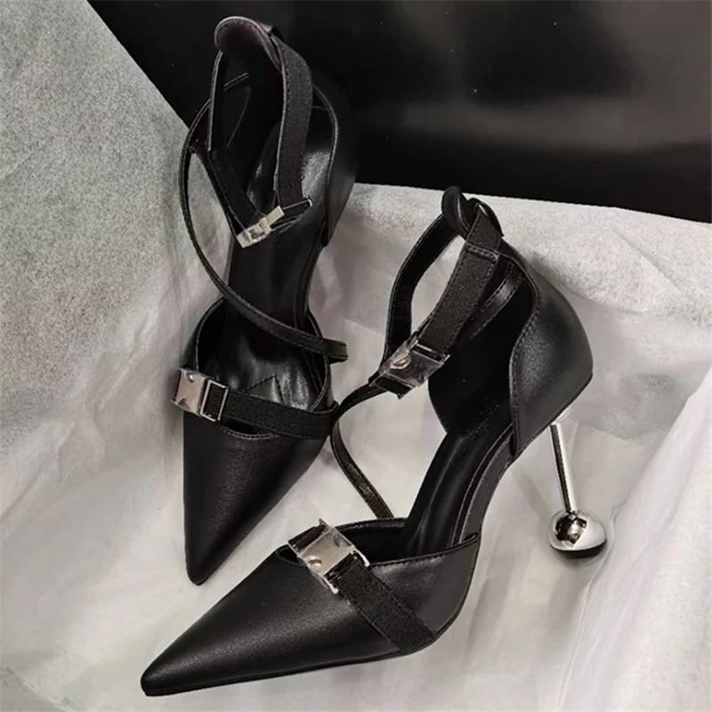 

Sexy Pointed Toe Women Pumps Black High Heels Prom Dress Shoes Ankle Straps Gladiator Sandals Designer Strange Heel Stiletto