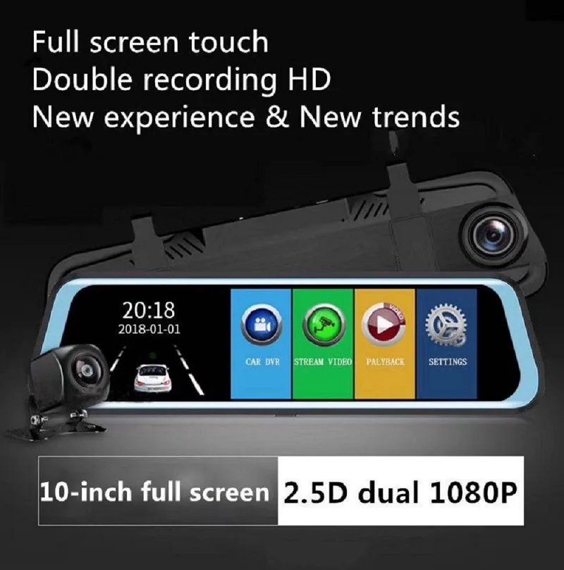 

Car recorder 10 "streaming media rearview mirror tachograph cross border HD front and rear dual reverse image