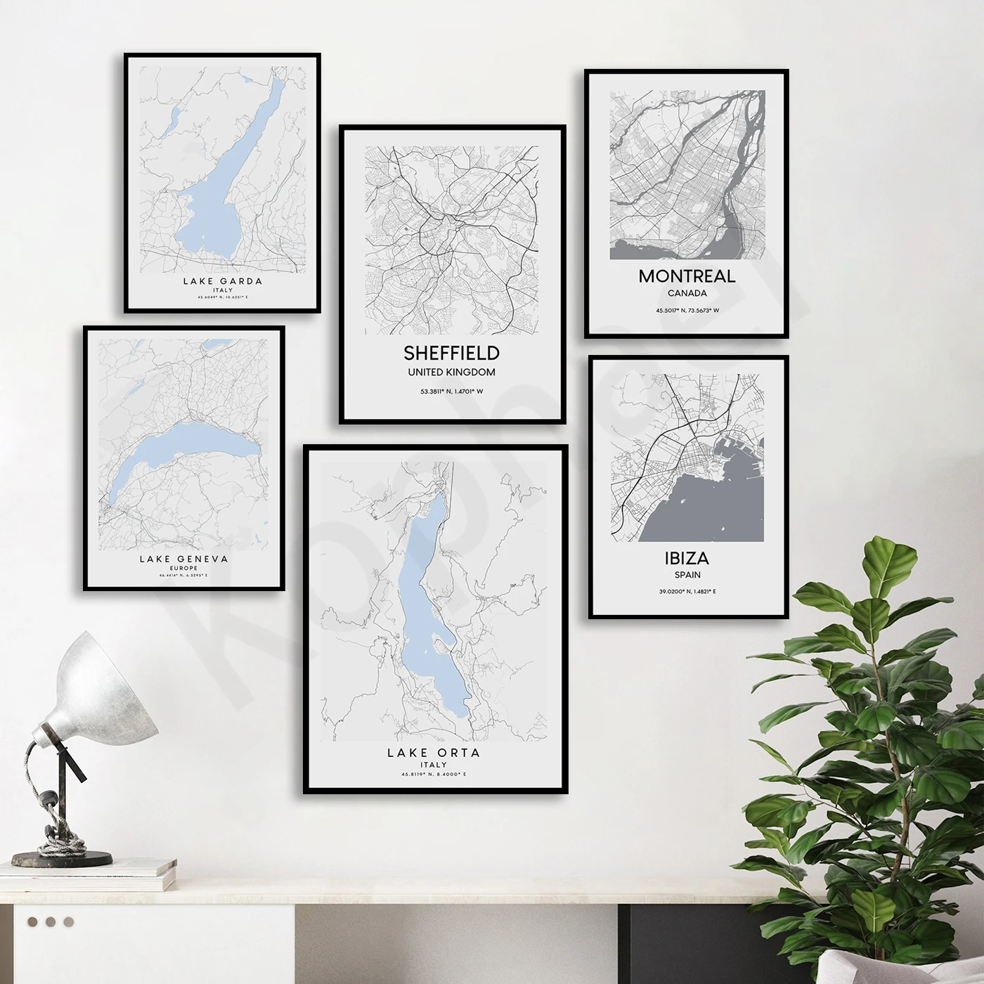 Эдинбург, Люцерна, горта, озеро, Гарда, Шеффилд, Монреаль, Монреаль, Женева, Гонолулу, Ибица, Монако, пальма, Лас-Вегас. Плакат с картой города