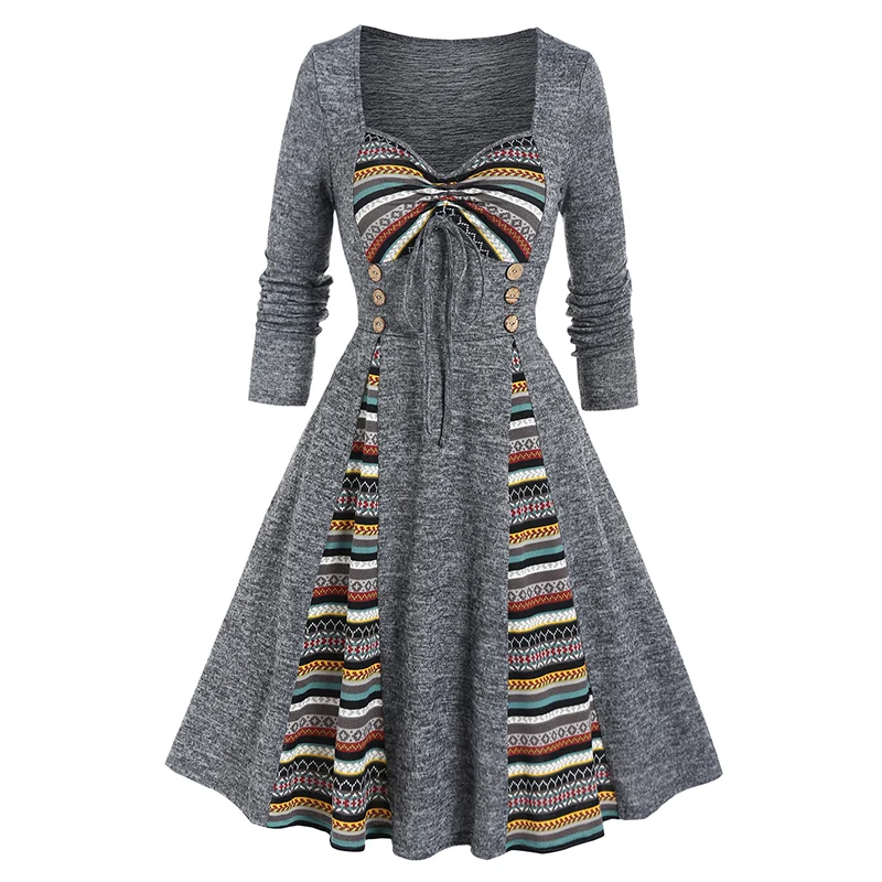 

Colored Striped Print Panel Godet Bowknot Empire Waist Long Sleeve Midi Dress Sweetheart Neck Autumn Lace Up Club Party Vestidos