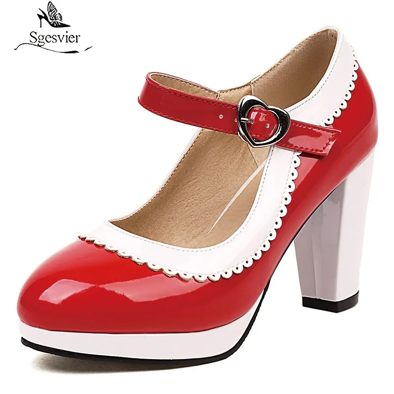 

Sgesvier PU Patent Leather Yellow Blue Round Toe Vintage Mature Ladies Office Pumps Plus Size 32-48 Thick Heels Mary Janes