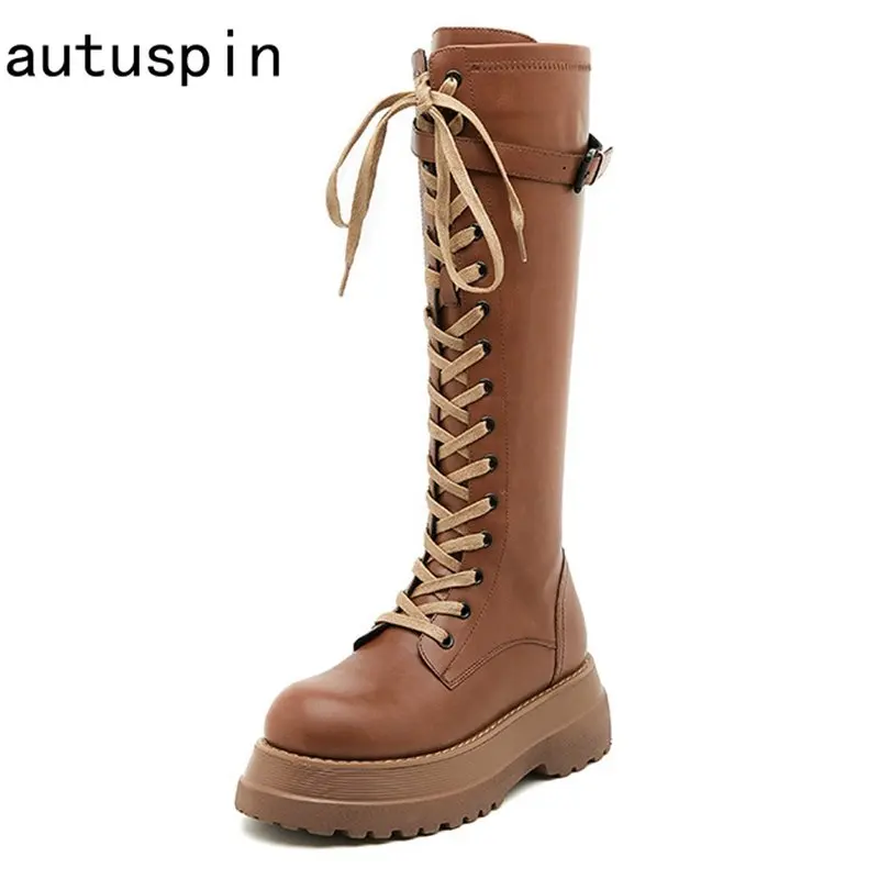 

Autuspin Women Winter Motorcycle Boots Retro Punk Cross-tied Platform Shoes Office Ladies Knee High Boot Thick Heels Woman Tide